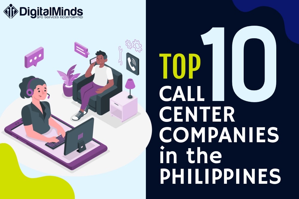 Illustration of a person at a desk with a headset and another sitting on a sofa, with text: "Discover the Top 10 Call Center Companies in the Philippines.