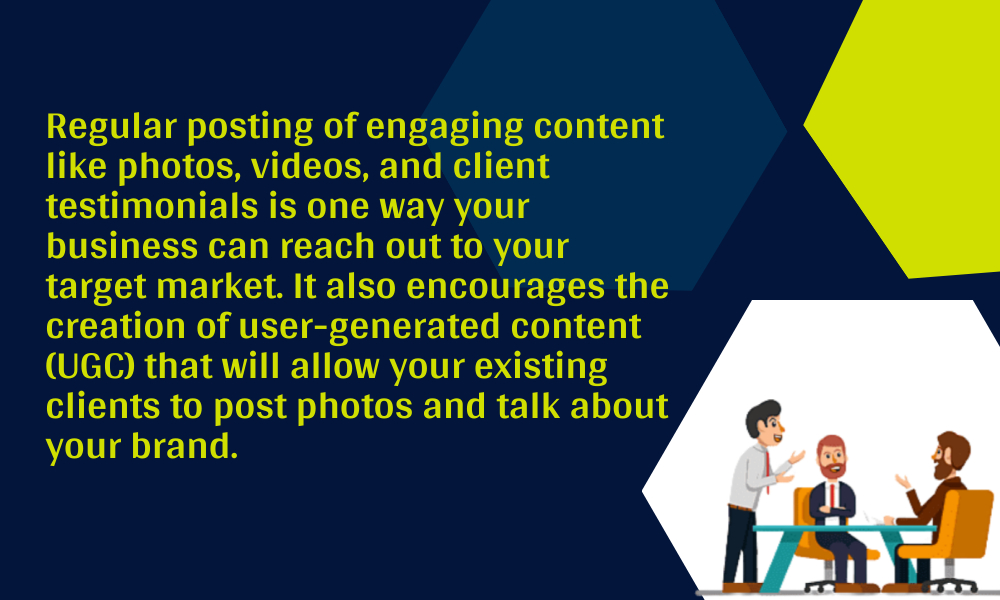 A presentation slide highlighting the importance of posting engaging content like photos and videos for business outreach and user-generated content promotion.