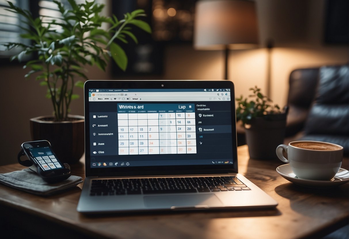 A laptop with a virtual assistant app open, surrounded by a calendar, phone, and notebook