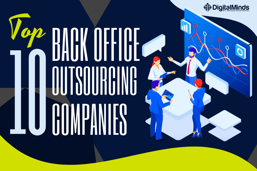 Illustration of four people collaborating in an office with graphs. Text reads, "Top 10 Back Office Outsourcing Companies.