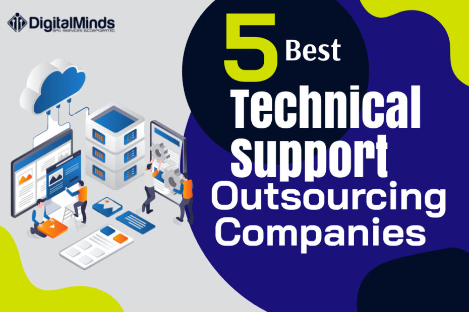Illustration of people working on computers and devices, with text: "5 Best Technical Support Outsourcing Companies" and a logo for Digital Minds.
