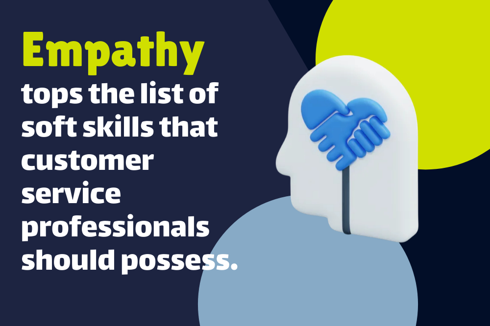 Illustration of a head with intertwined hands, symbolizing empathy. Text reads: "Empathy tops the list of soft skills that customer service professionals should possess.