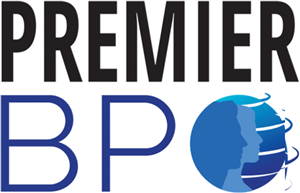 Logo of Premier BPO featuring bold black text "PREMIER" above large blue text "BPO" with a blue globe and human profiles to the right.