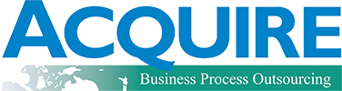 Logo of Acquire with blue text and a graphic of a globe in the background. Subtitle reads "Business Process Outsourcing.