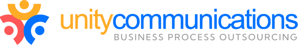 Unity Communications logo with abstract human figures in red, yellow, and blue on the left. The text reads "unitycommunications Business Process Outsourcing" in orange and blue.