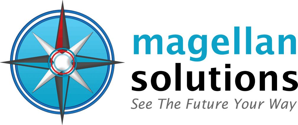 Logo featuring a stylized compass rose in blue, red, and gray next to the words "magellan solutions" and the slogan "See The Future Your Way.