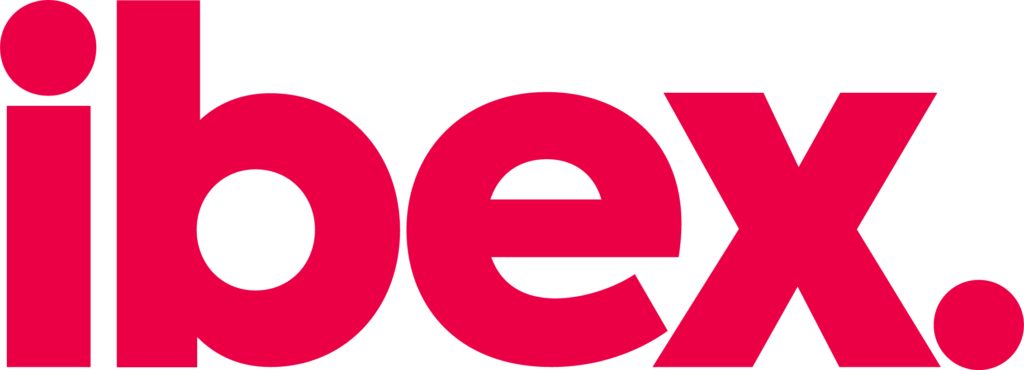 The image shows the word "ibex" in bold, lowercase red letters on a transparent background.