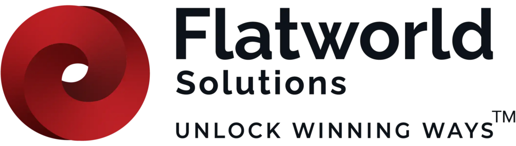 Flatworld Solutions logo with a red circular emblem and the tagline "Unlock Winning Ways.