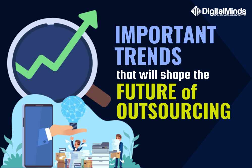 Infographic showing a rising graph, digital devices, and people working, with the text: "Important trends that will shape the future of outsourcing.