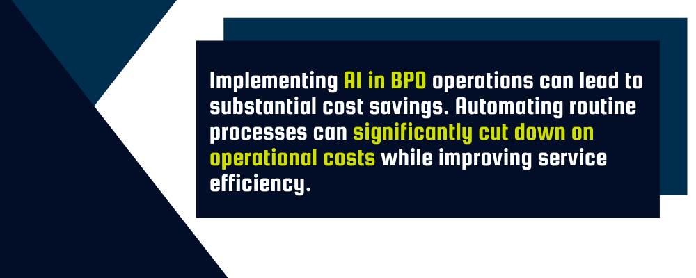 Text graphic about AI in BPO: Implementing AI in BPO can save costs and improve efficiency by automating routine processes and significantly reducing operational expenses.