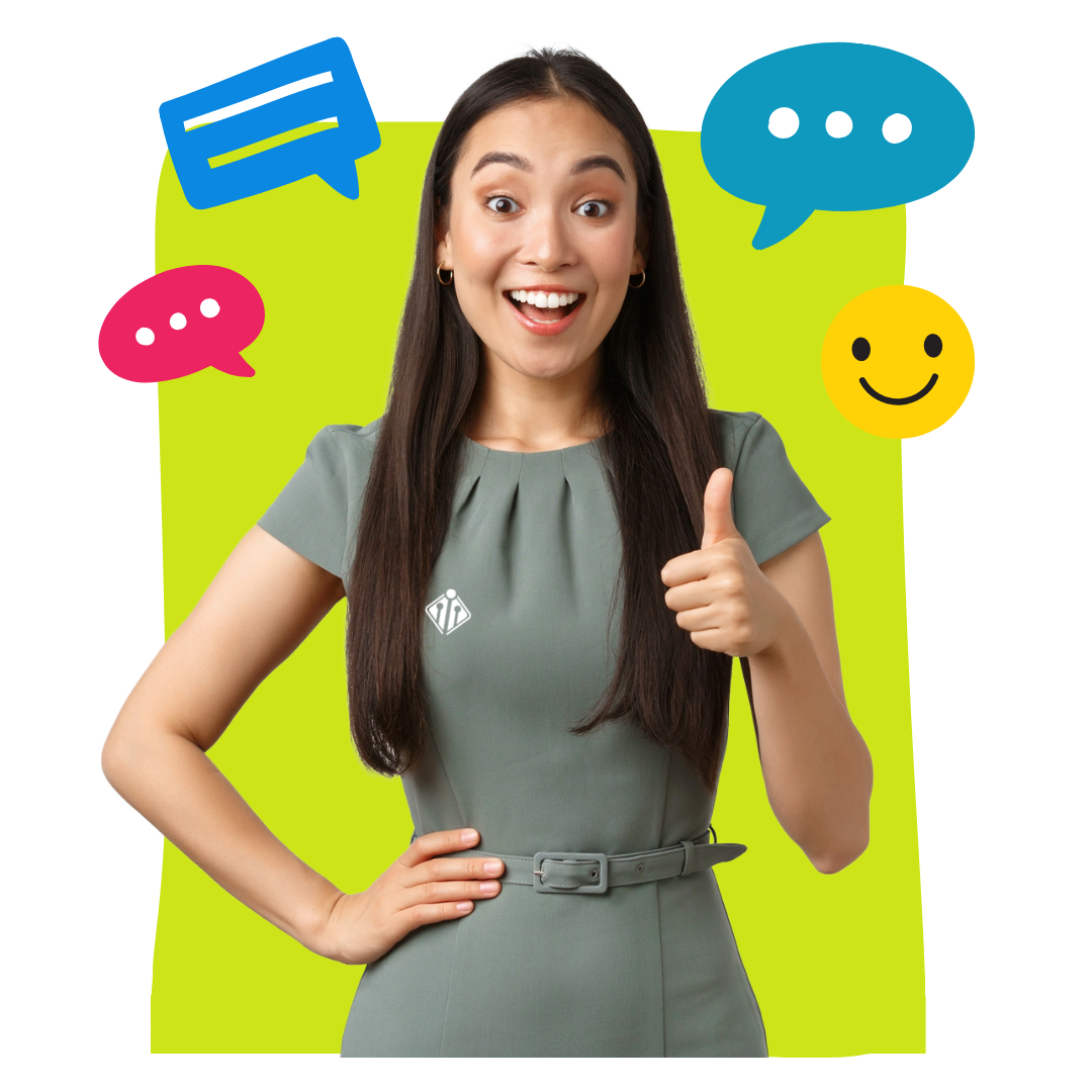 Woman smiling and giving a thumbs up, surrounded by colorful speech bubbles and a smiley face on a bright background—perfectly capturing the vibrant spirit of live chat Philippines.