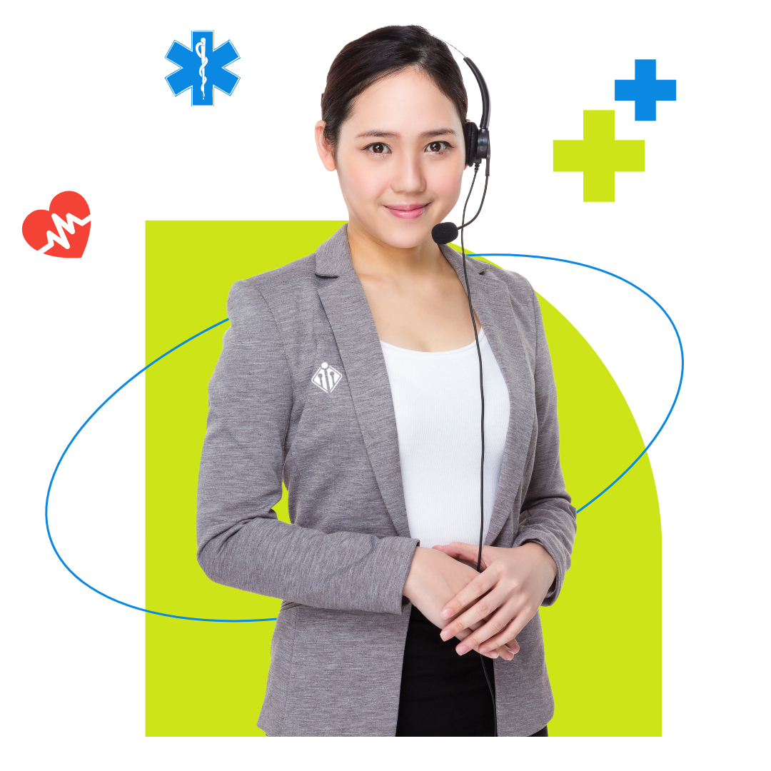 A woman in a headset and gray blazer stands against a bright background with medical and health symbols, representing a healthcare customer service representative specializing in outsourcing appointment scheduling.
