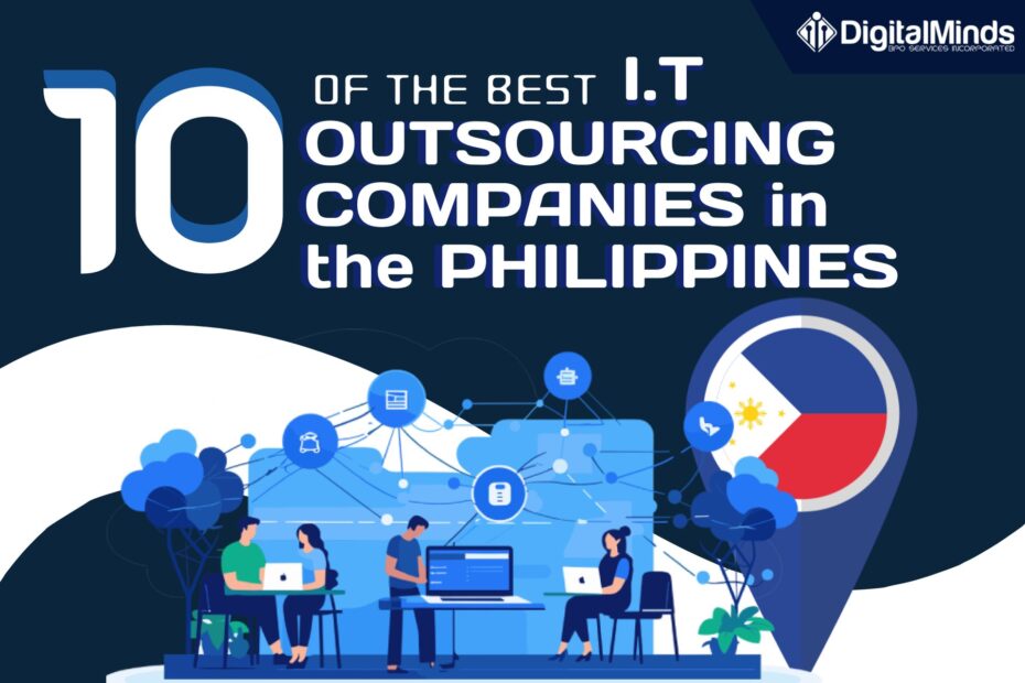 Illustration featuring the text "10 of the Best I.T Outsourcing Companies in the Philippines" with people working on computers and a Philippine flag map marker.