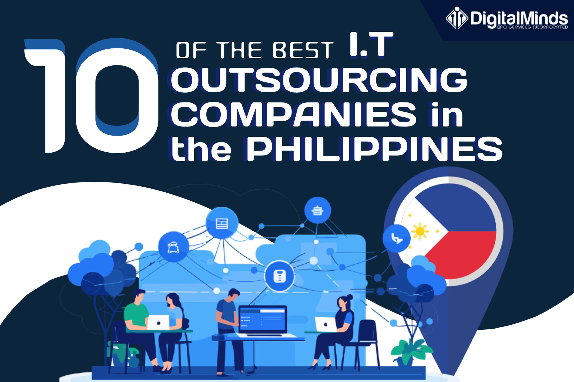 Illustration featuring the text "10 of the Best I.T Outsourcing Companies in the Philippines" with people working on computers and a Philippine flag map marker.