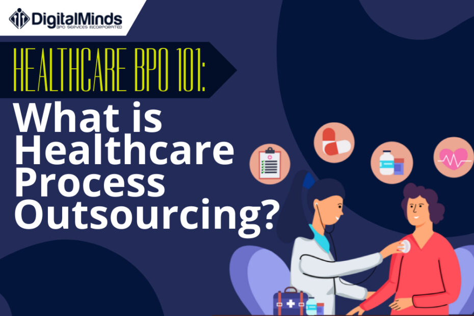 A healthcare professional examines a patient with icons representing healthcare services, next to bold text about healthcare process outsourcing.