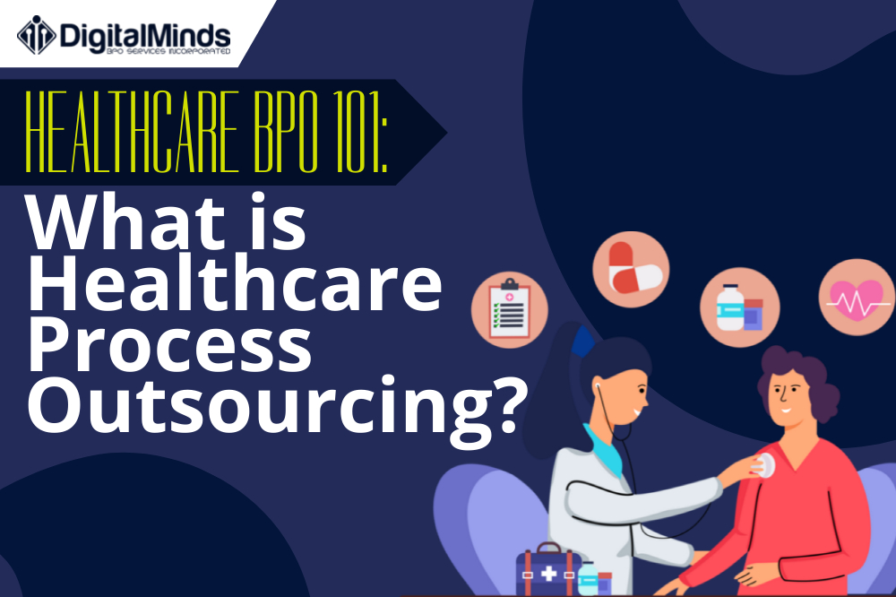 A healthcare professional examines a patient with icons representing healthcare services, next to bold text about healthcare process outsourcing.