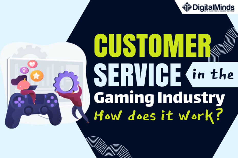 A graphic with text reading "Customer Service in the Gaming Industry: How does it work?" alongside illustrated characters and a gaming controller.