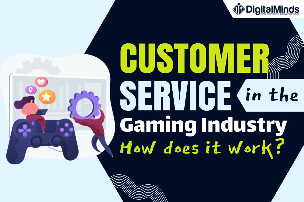 A graphic with text reading "Customer Service in the Gaming Industry: How does it work?" alongside illustrated characters and a gaming controller.