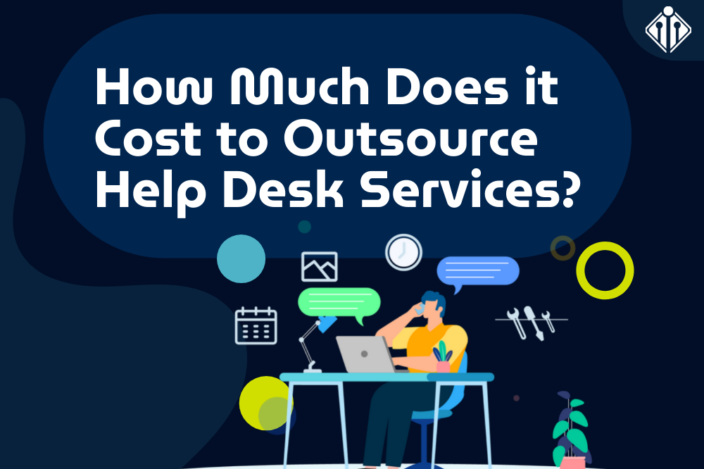 Illustration of a person using a laptop at a desk, surrounded by digital icons, with the text "How Much Does it Cost to Outsource Help Desk Services?" displayed above.
