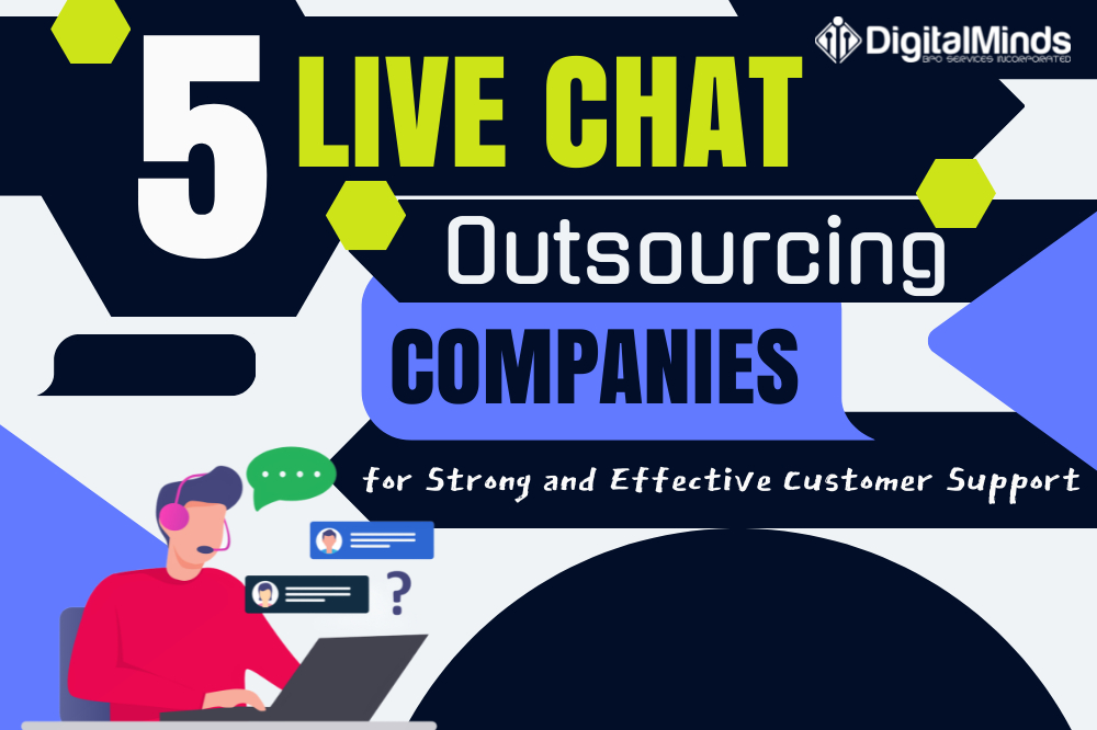 Infographic with the title "5 Live Chat Outsourcing Companies for Strong and Effective Customer Support" and an illustration of a person using a laptop and headset.