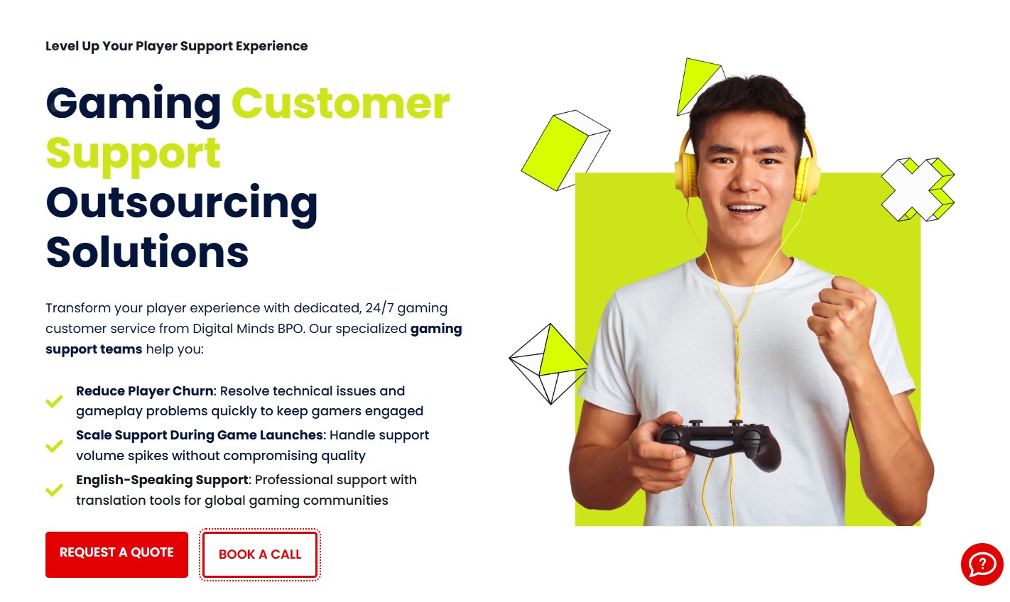 A young man wearing yellow headphones smiles and holds a game controller against a light green background, with text promoting gaming customer support outsourcing services. A young man wearing yellow headphones smiles and holds a game controller against a light green background, with text promoting gaming customer support outsourcing services.