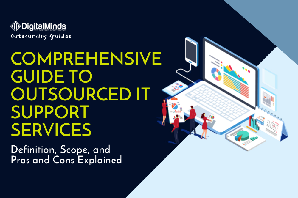 A digital illustration of people working around a laptop displaying graphs, with text about a comprehensive guide to outsourced IT support services by DigitalMinds.