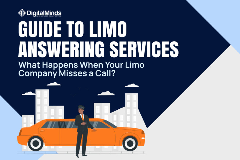 A chauffeur stands beside an orange limo with city buildings in the background. Text reads, “Guide to Limo Answering Services. What happens when your limo company misses a call?”.