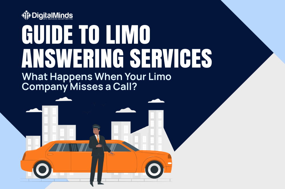 A chauffeur stands beside an orange limo with city buildings in the background. Text reads, “Guide to Limo Answering Services. What happens when your limo company misses a call?”.