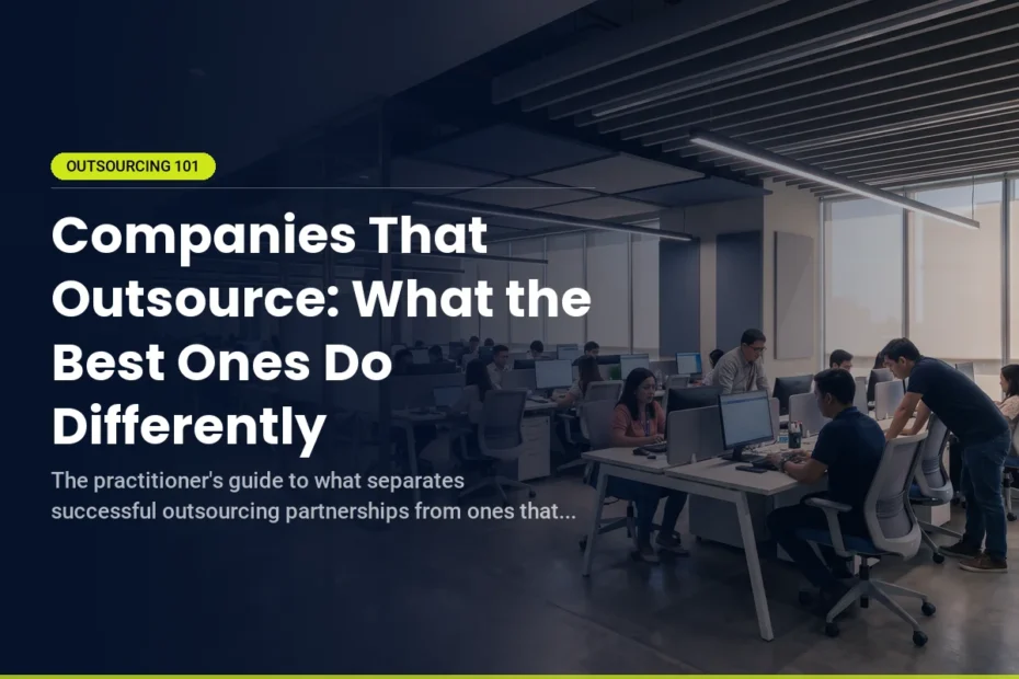 Open-plan office with people working at desks and computers; text overlay discusses successful outsourcing strategies for companies.