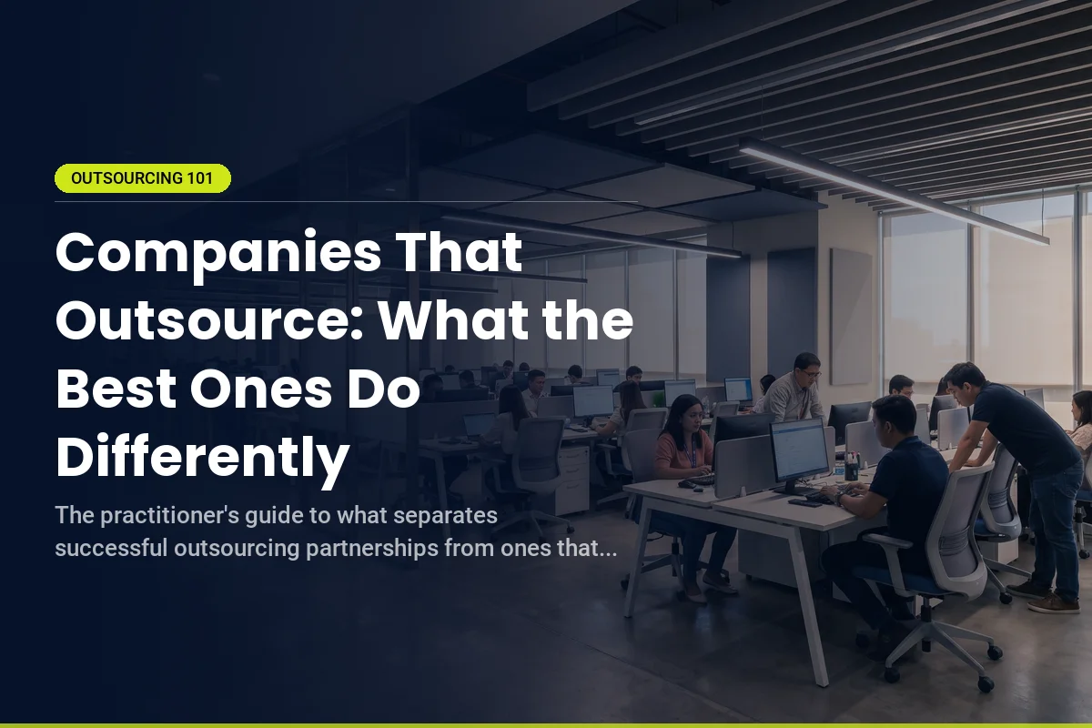 Open-plan office with people working at desks and computers; text overlay discusses successful outsourcing strategies for companies.