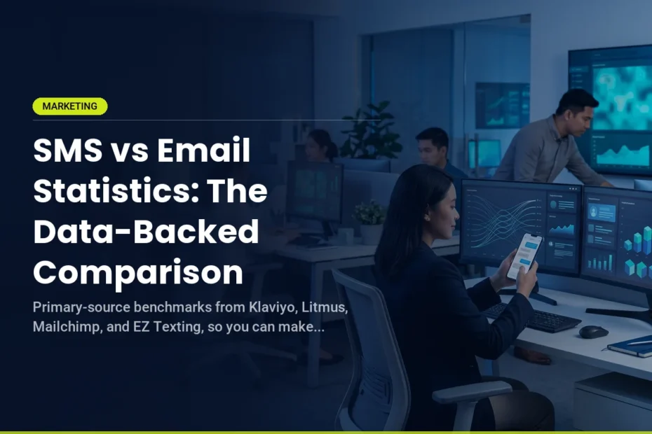 Office workers at computer monitors analyze data; text overlay reads “SMS vs Email Statistics: The Data-Backed Comparison” with mention of benchmark sources and marketing tag.