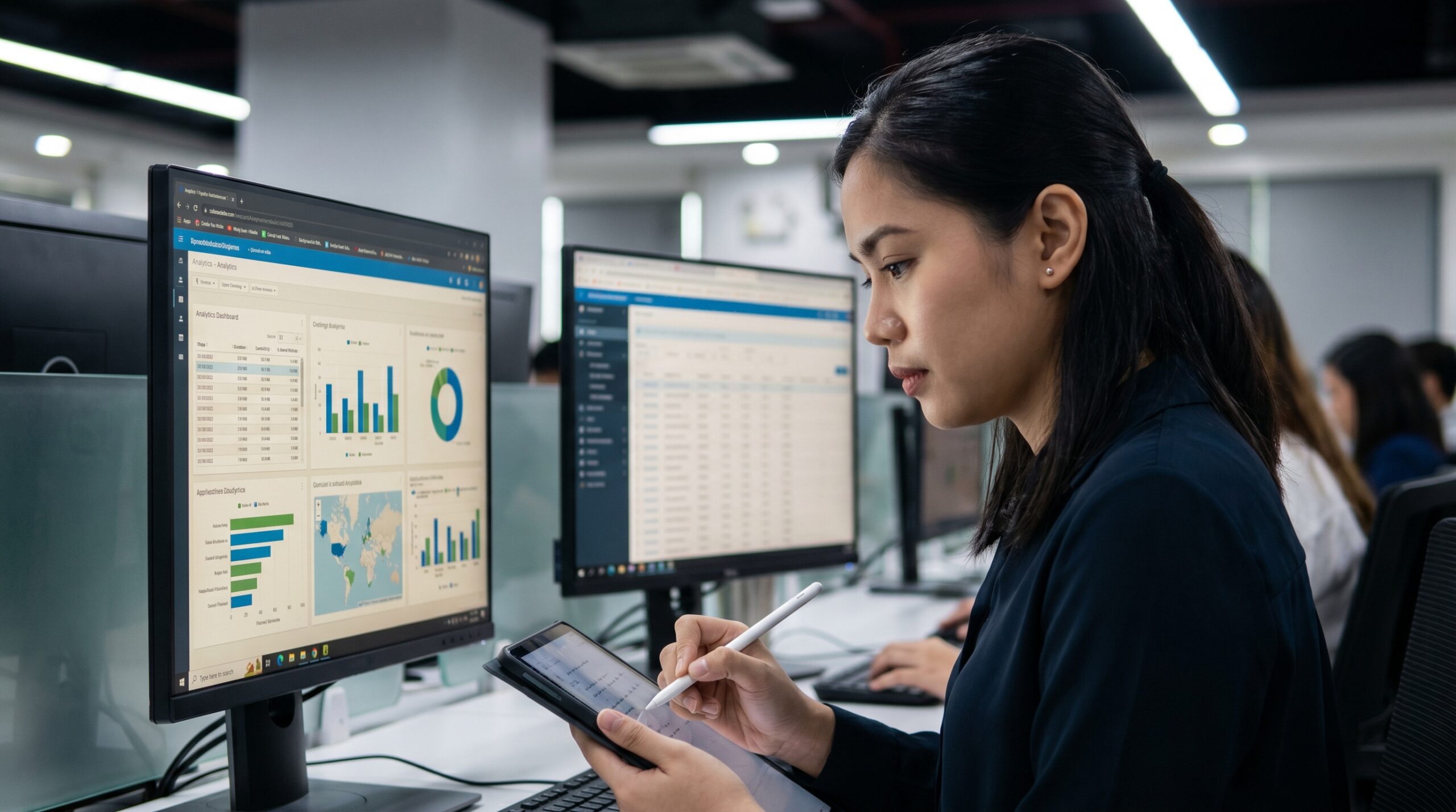 Filipino BPO professional reviewing an analytics dashboard while making notes on a tablet, with team members visible in the background of a Philippine outsourcing facility.