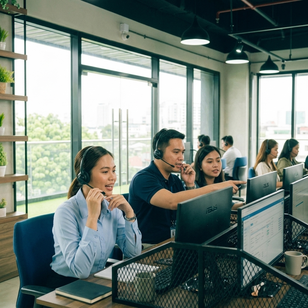 Filipino BPO customer service professionals collaborating at workstations with headsets in a modern office in Naga City, Philippines