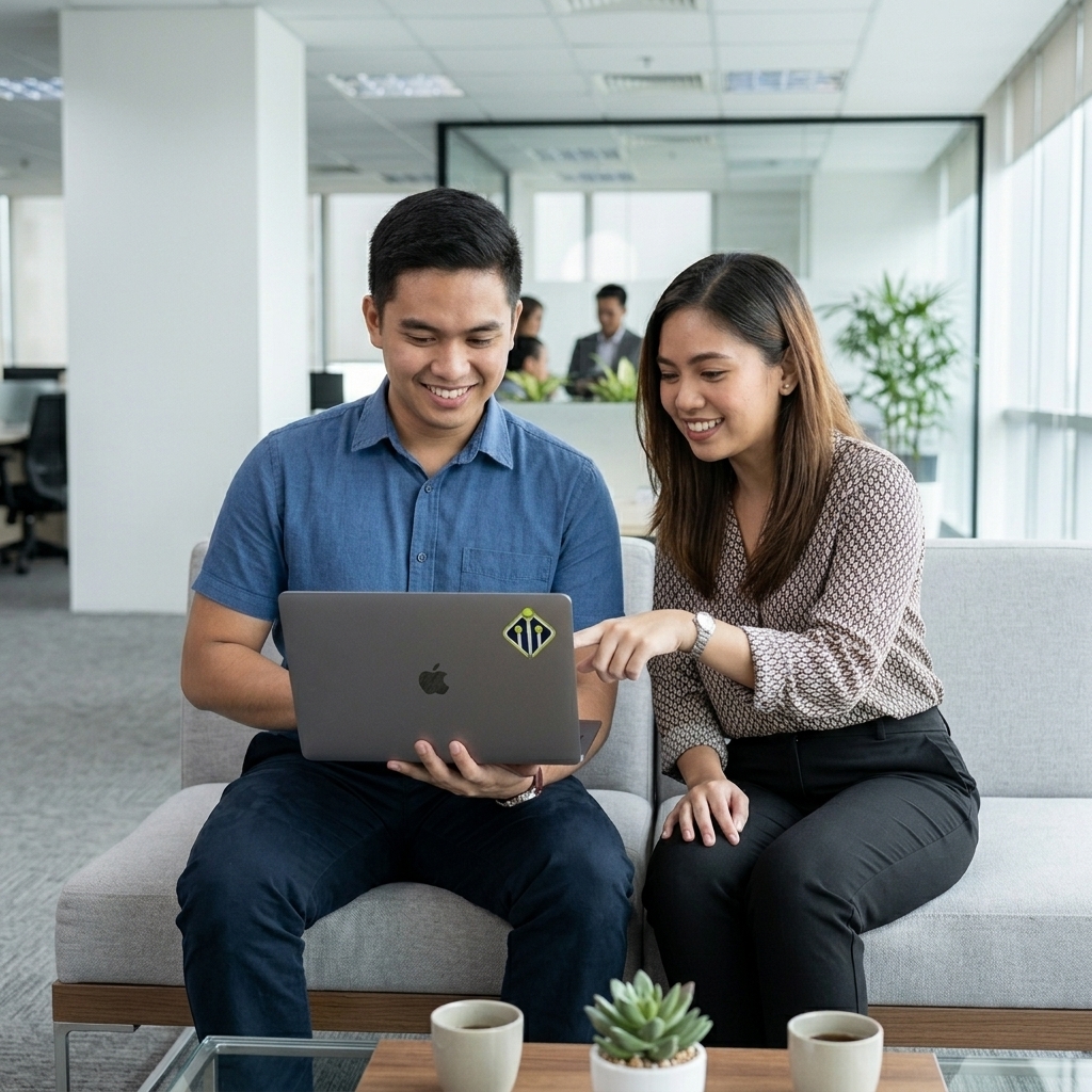 Digital Minds BPO team members collaborating on a laptop in the Naga City facility