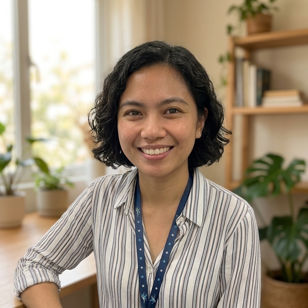 A woman with short curly hair, wearing a striped shirt and lanyard, sits and smiles in an office with plants and shelves in the background.