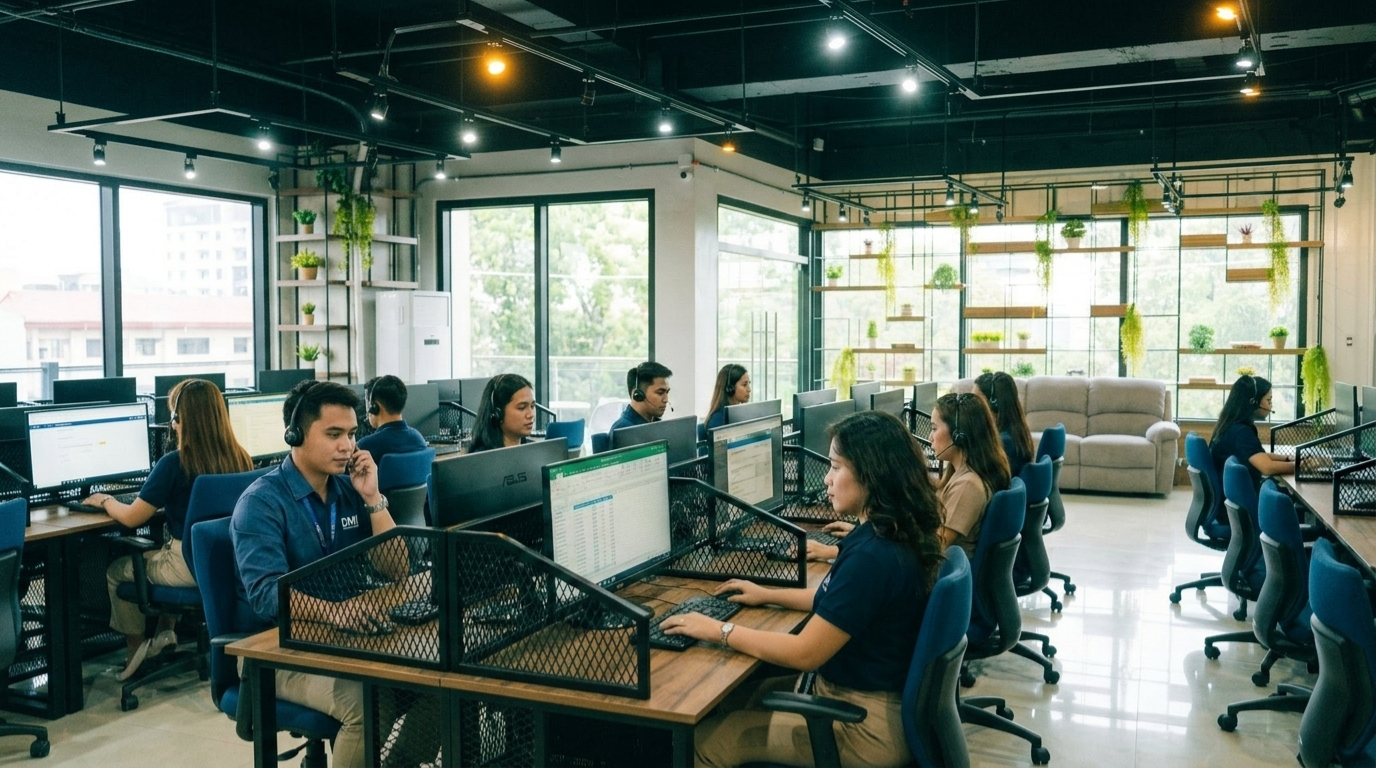 Digital Minds BPO call center operations floor at Naga City facility, multiple agents at warm wooden workstations with headsets and dual monitors