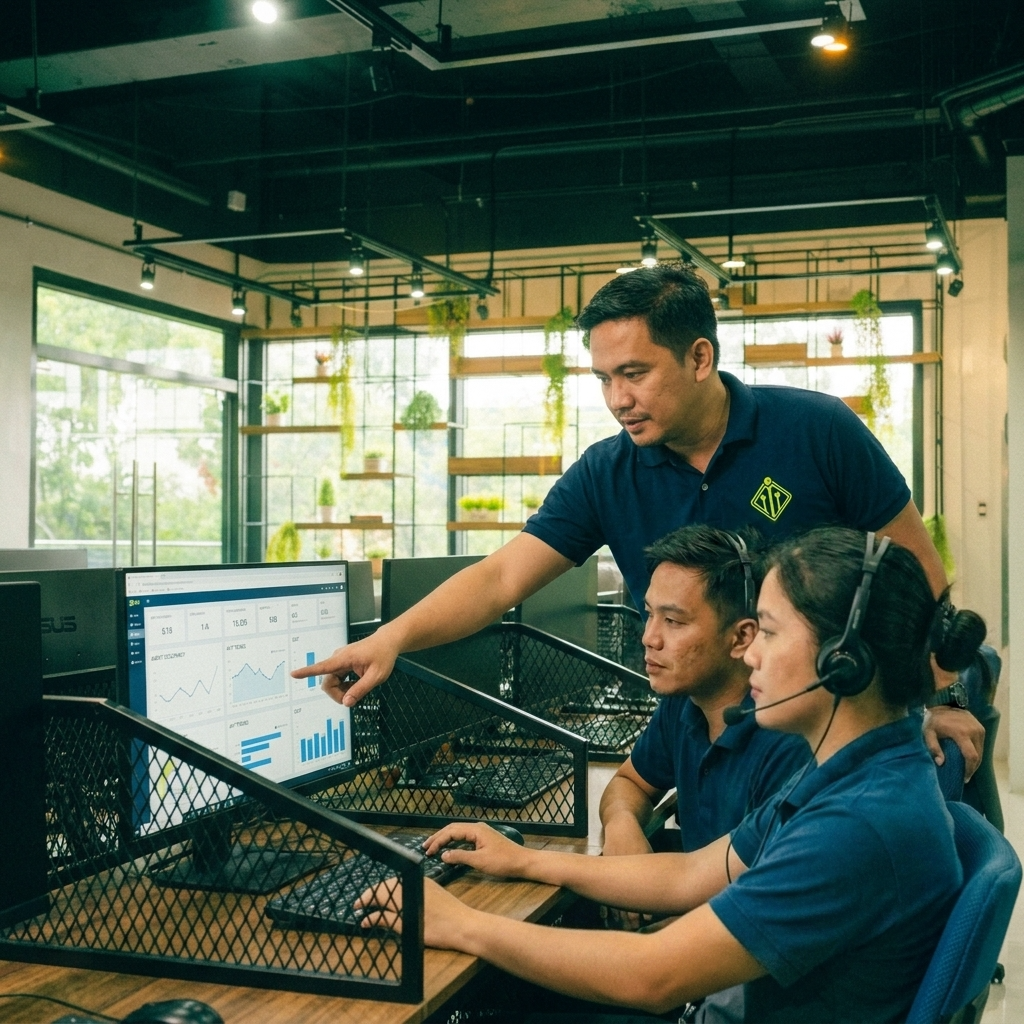 Team Leader coaching two Digital Minds BPO call center agents at workstation reviewing a performance dashboard