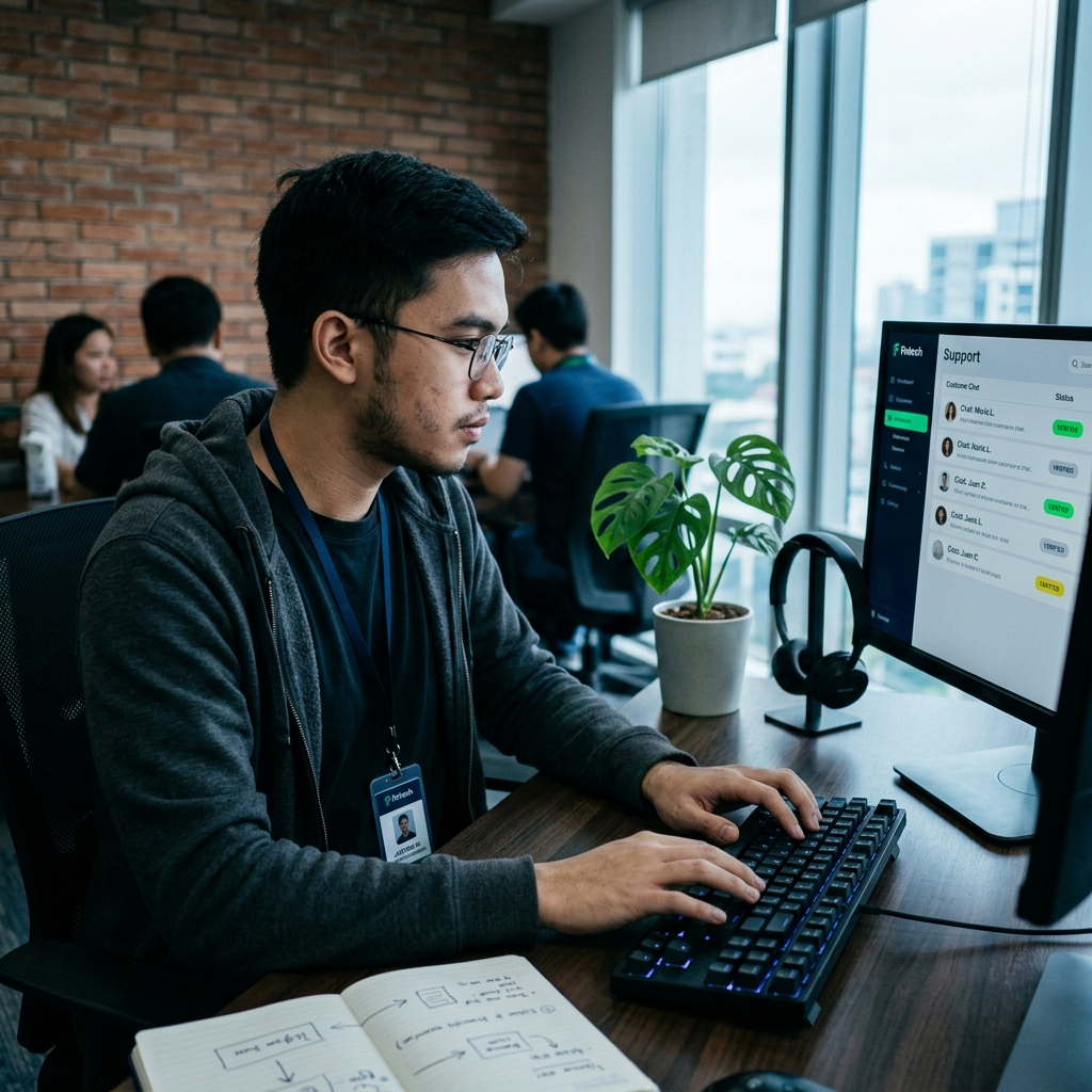 Digital Minds BPO fintech-support agent working inside a payments and customer-chat platform