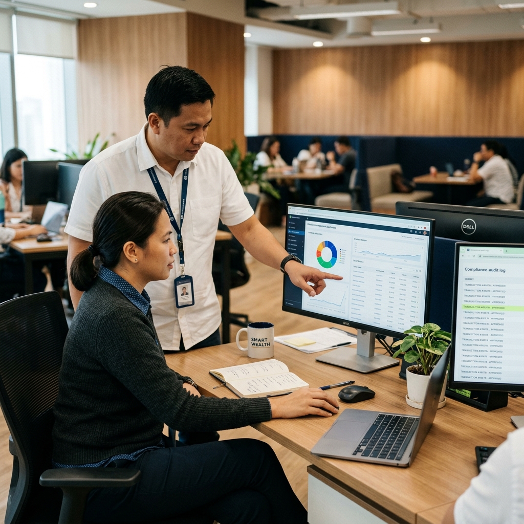Digital Minds BPO financial-services analysts collaborating on a portfolio and compliance dashboard