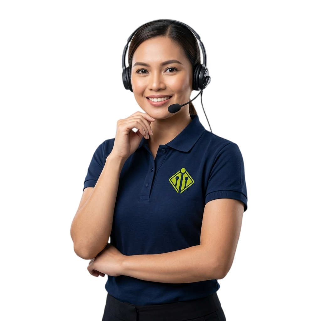 Filipino call center supervisor in navy Digital Minds BPO polo with over-ear headset