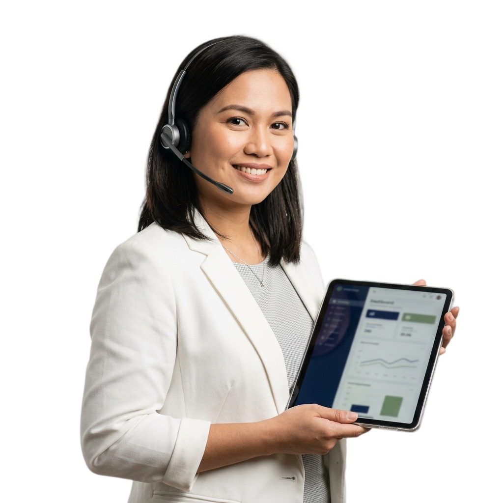 Filipino fintech customer service agent in white blazer with headset, holding tablet displaying financial dashboard