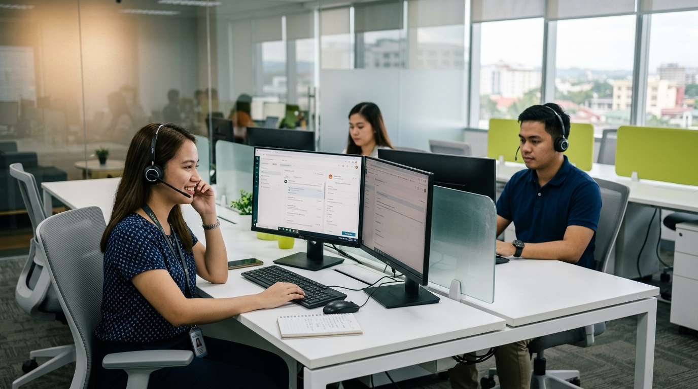 Filipino fintech customer service team at modern workstations with headsets and dual monitors in a Naga City BPO office
