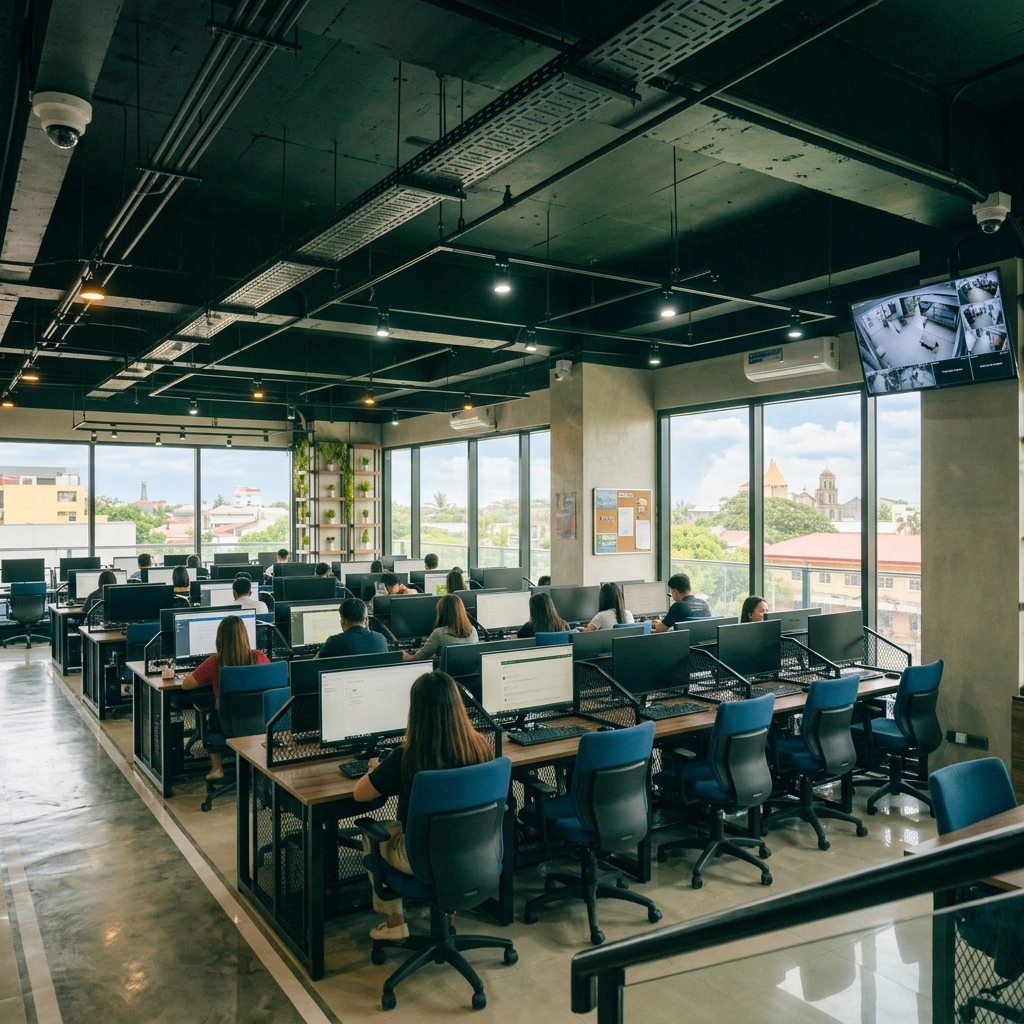 Wide view of Digital Minds BPO Naga City facility floor with rows of workstations, security camera, CCTV monitors, and Naga skyline through floor-to-ceiling windows