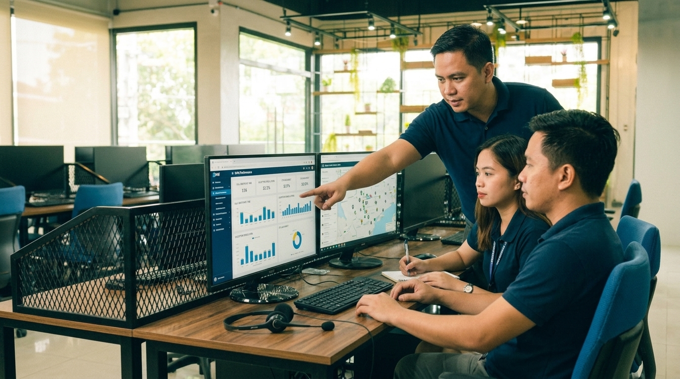 Digital Minds BPO Team Lead reviewing shift performance dashboard with two dispatchers