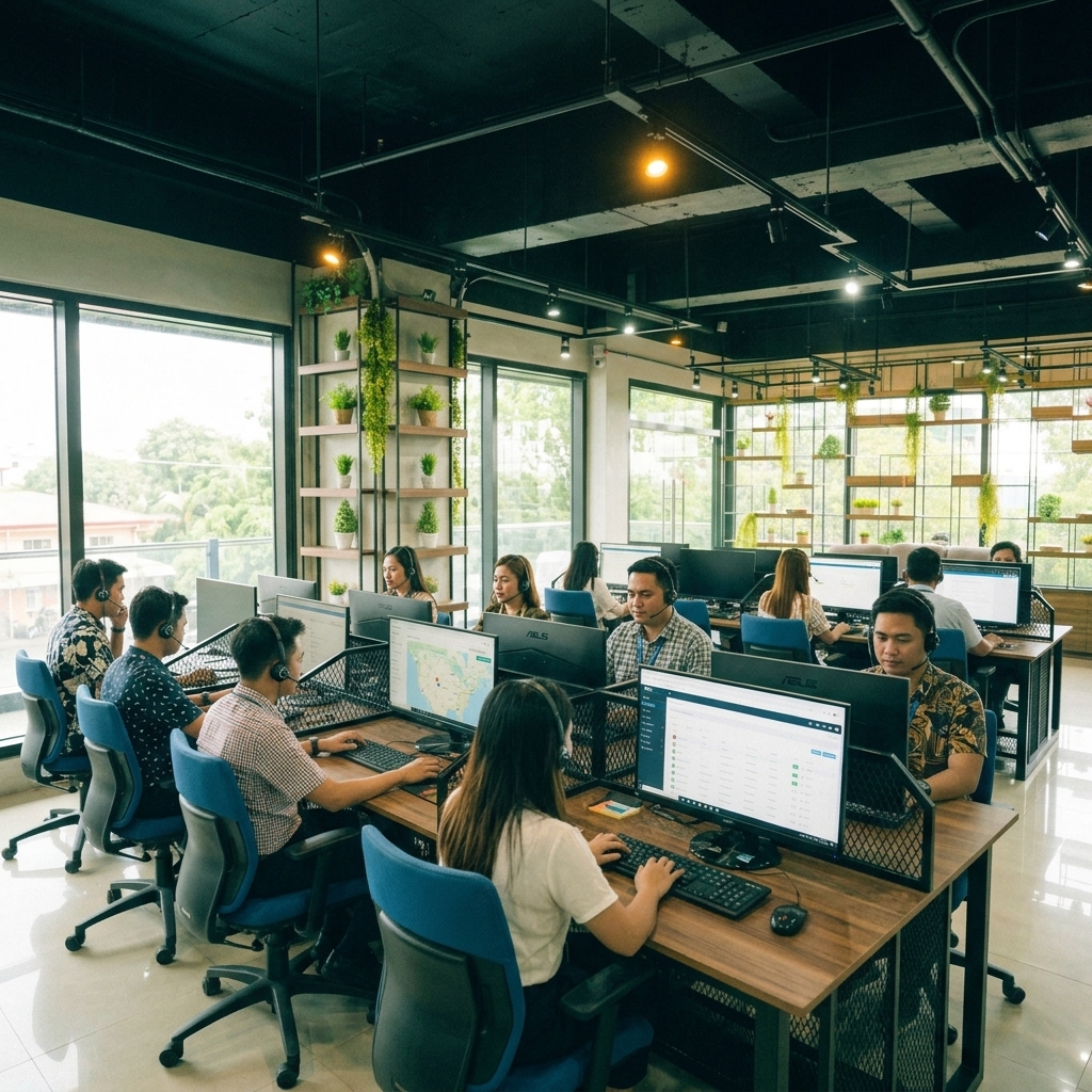 Digital Minds BPO production floor in Naga City with dispatchers working at industrial workstations
