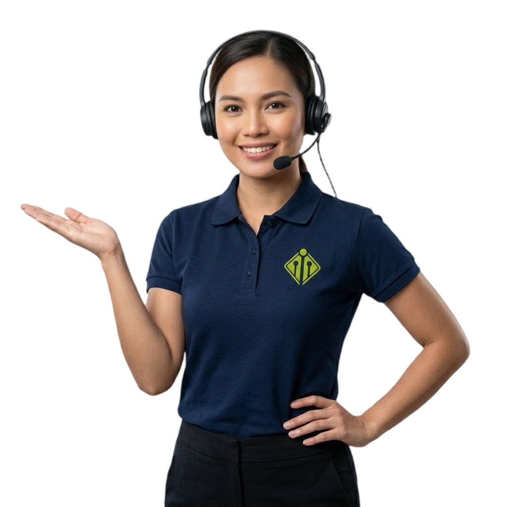 Filipino customer service agent in navy Digital Minds BPO polo with wireless headset