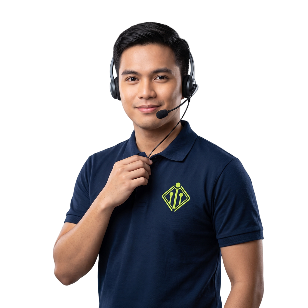 Filipino outbound call center agent in a navy Digital Minds BPO polo with headset, dialing live from Naga City, Philippines