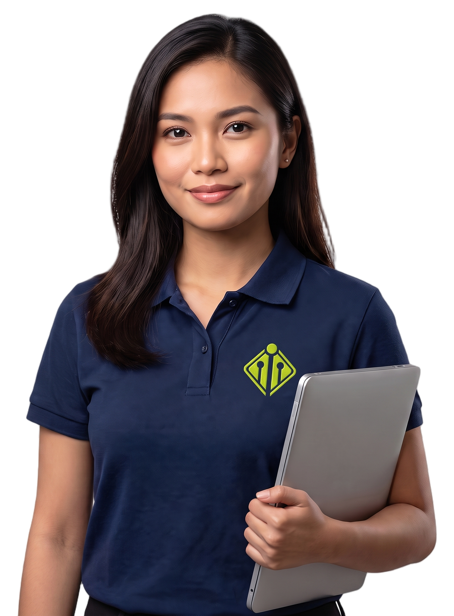 Filipino medical virtual assistant in a navy Digital Minds BPO polo with logo, holding a laptop