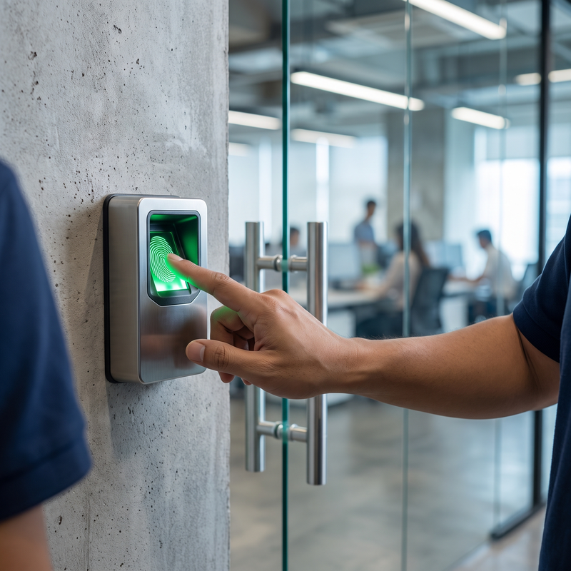 Biometric fingerprint access reader at the Digital Minds BPO facility entrance