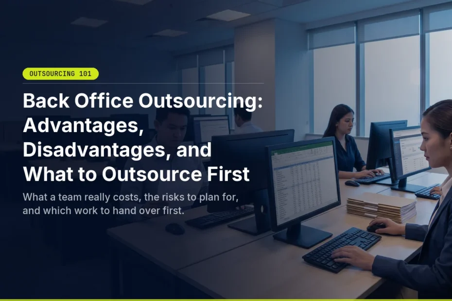Back office outsourcing team reviewing spreadsheets and records at their workstations